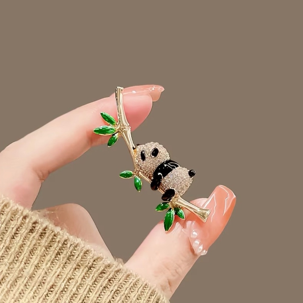 Gold-tone Panda on Bamboo Branch Brooch - Green and Black Accent Rhinestone Pins